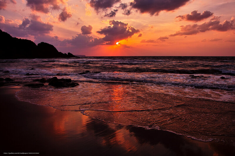 Sunset over Ocean — Orange, Dramatic, Photograph, Clouds, Beach, Rocks