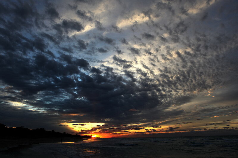 Sunset over Ocean — Orange, Dramatic, Photograph, Clouds, Beach, Silhouette, Blue