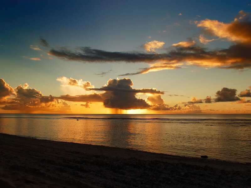 Sunset over Ocean — Orange, Dramatic, Photograph, Clouds, Beach, Sun, Blue