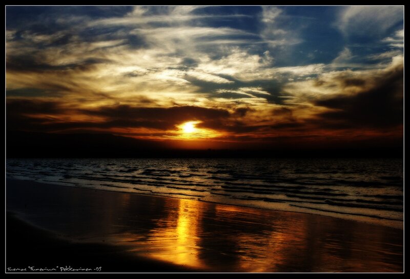 Sunset over Ocean — Orange, Dramatic, Photograph, Clouds, Beach, Sun