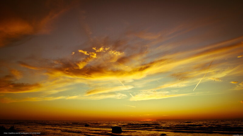 Sunset over Ocean — Orange, Dramatic, Photograph, Clouds, Birds, Waves