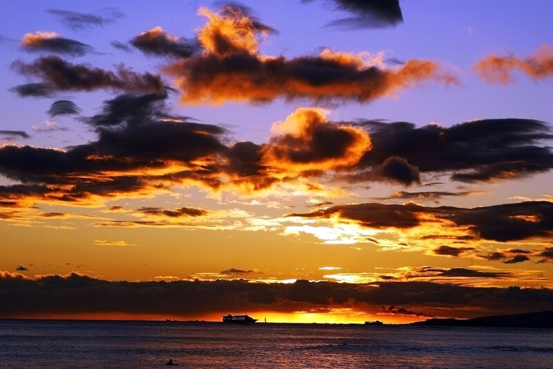 Sunset over Ocean — Orange, Dramatic, Photograph, Clouds, Boat, Silhouette