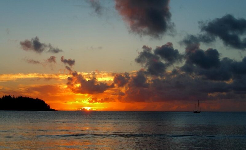 Sunset over Ocean — Orange, Dramatic, Photograph, Clouds, Boat