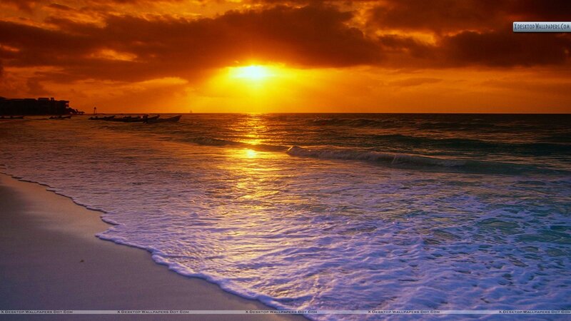 Sunset over Ocean — Orange, Dramatic, Photograph, Clouds, Boats