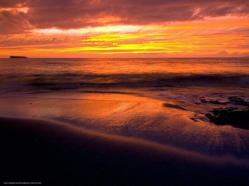 Sunset over Ocean — Orange, Dramatic, Photograph, Clouds, Island, Beach