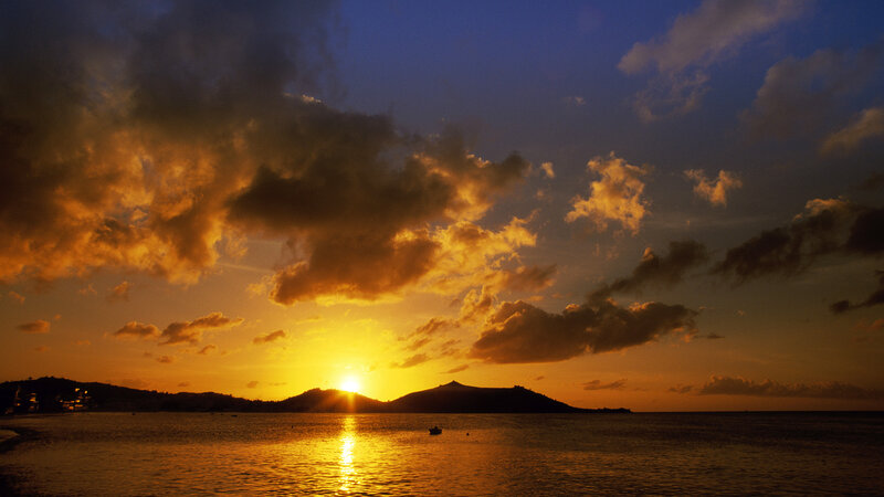 Sunset over Ocean — Orange, Dramatic, Photograph, Clouds, Island