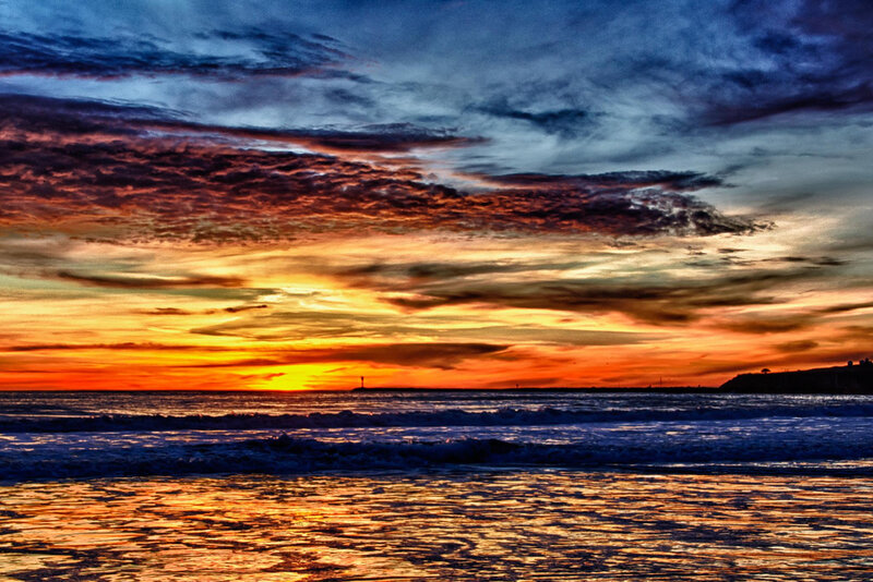 Sunset over Ocean — Orange, Dramatic, Photograph, Clouds, Lighthouse
