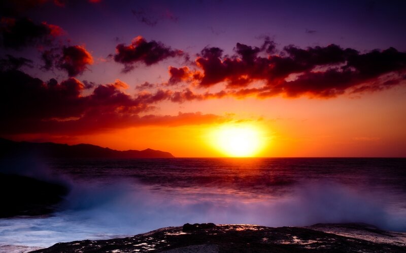 Sunset over Ocean — Orange, Dramatic, Photograph, Clouds, Mountains