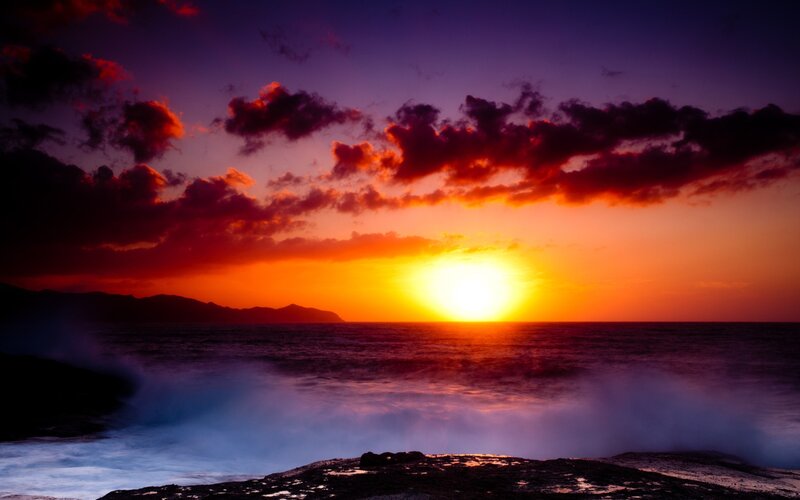 Sunset over Ocean — Orange, Dramatic, Photograph, Clouds, Mountains, Waves, Purple, Black