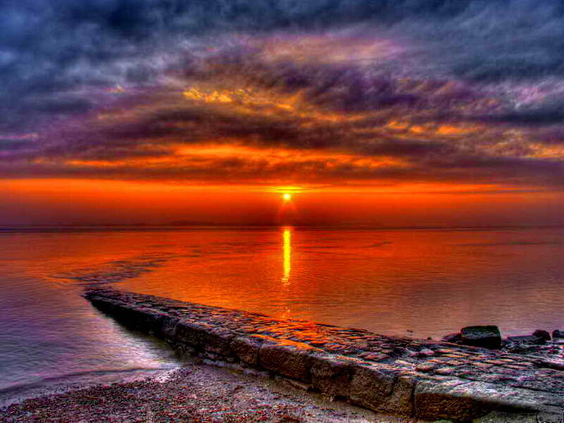 Sunset over Ocean — Orange, Dramatic, Photograph, Clouds, Pier