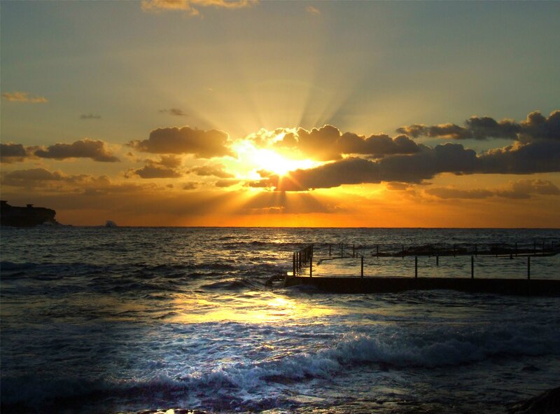 Sunset over Ocean — Orange, Dramatic, Photograph, Clouds, Pier, Waves