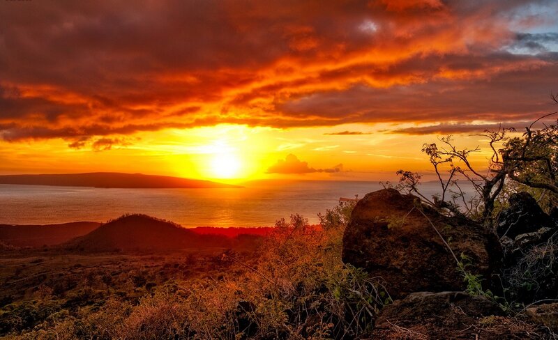 Sunset over Ocean — Orange, Dramatic, Photograph, Clouds, Rock