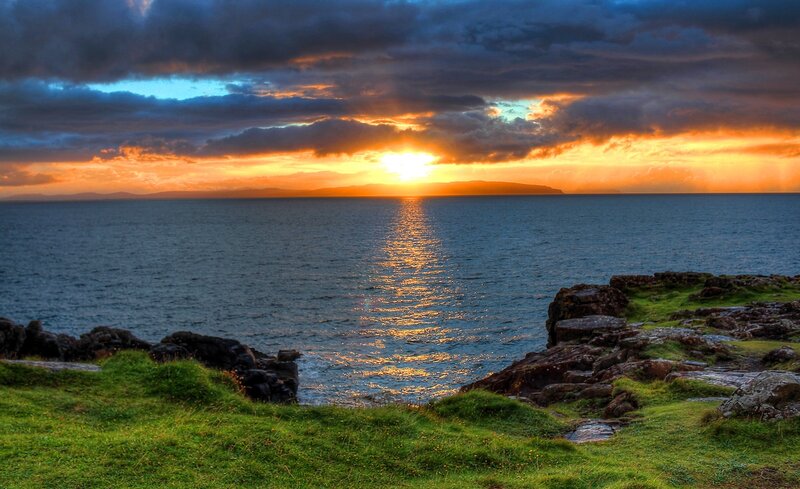 Sunset over Ocean — Orange, Dramatic, Photograph, Clouds, Rocks, Grass