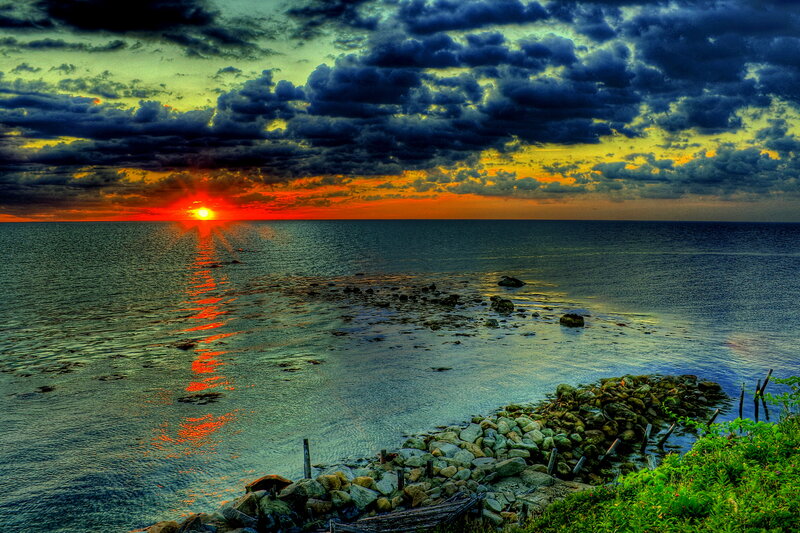 Sunset over Ocean — Orange, Dramatic, Photograph, Clouds, Rocks, Sea