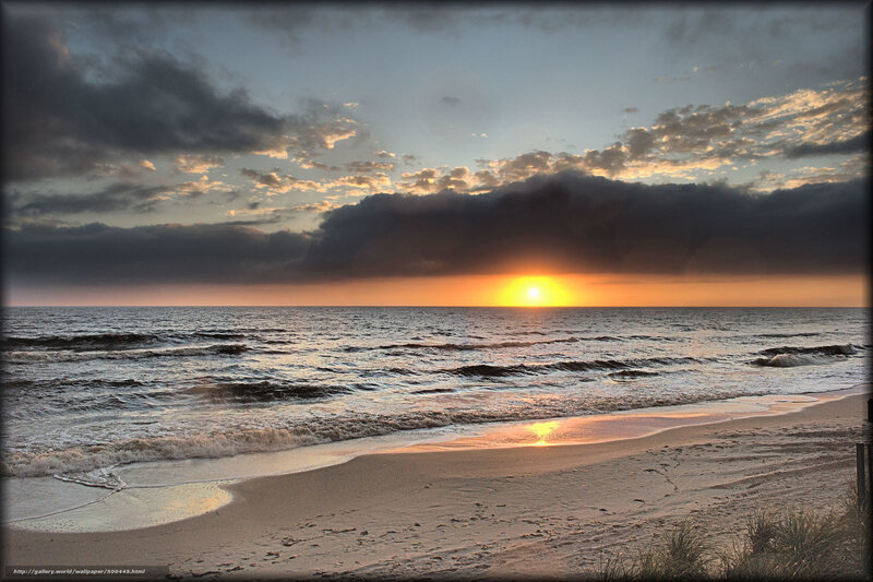 Sunset over Ocean — Orange, Dramatic, Photograph, Clouds, Sand, Waves