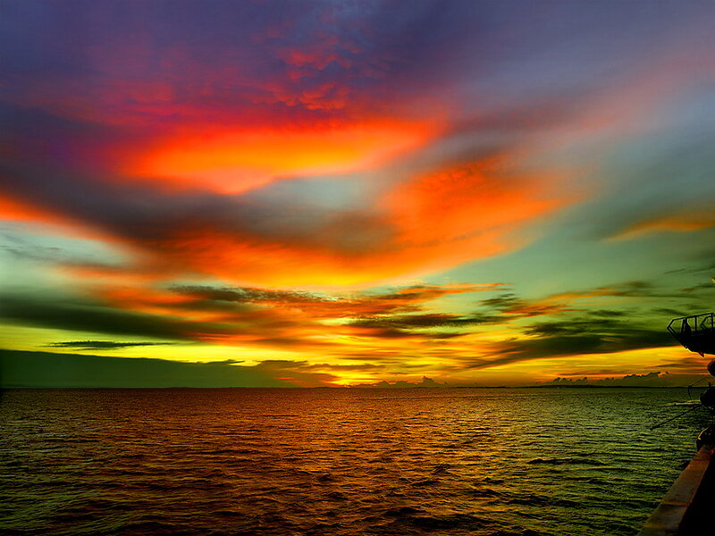 Sunset over Ocean — Orange, Dramatic, Photograph, Clouds, Sea, Boat