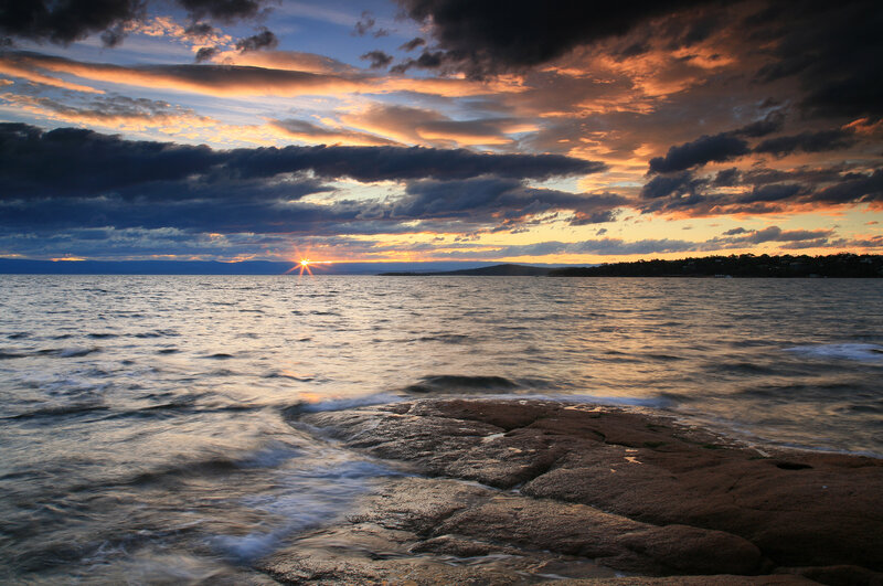 Sunset over Ocean — Orange, Dramatic, Photograph, Clouds, Sea, Rocks