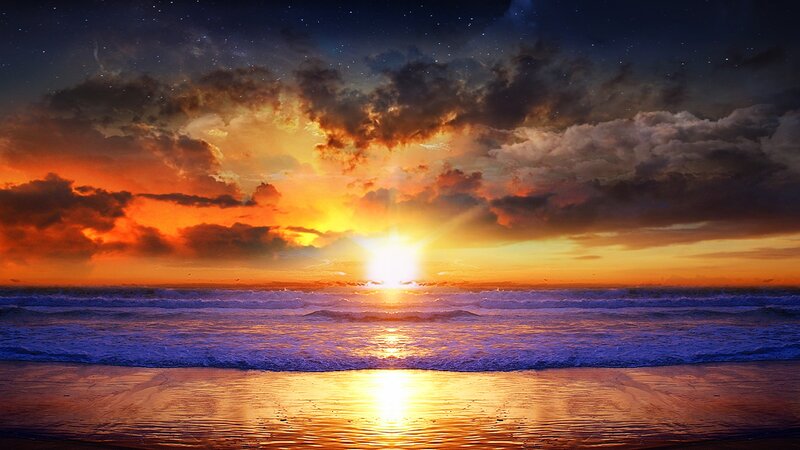 Sunset over Ocean — Orange, Dramatic, Photograph, Clouds, Sea, Sand