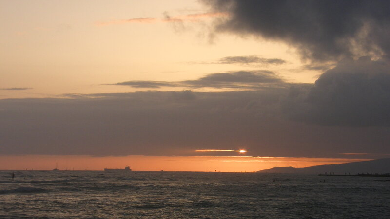 Sunset over Ocean — Orange, Dramatic, Photograph, Clouds, Ship, Mountain