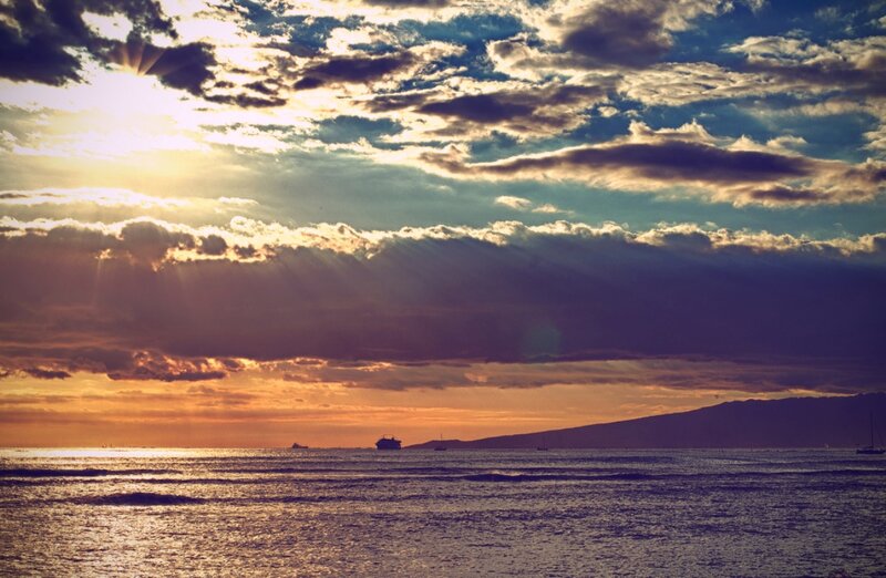 Sunset over Ocean — Orange, Dramatic, Photograph, Clouds, Ship