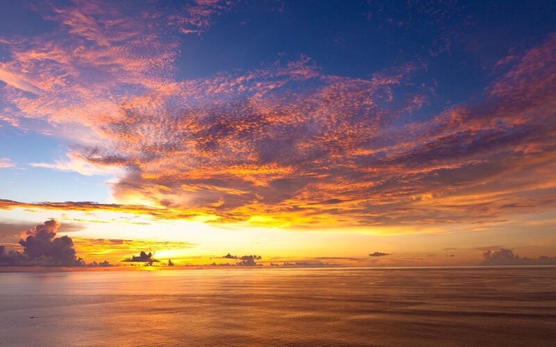Sunset over Ocean — Orange, Dramatic, Photograph, Clouds, Sky, Sea, Yellow