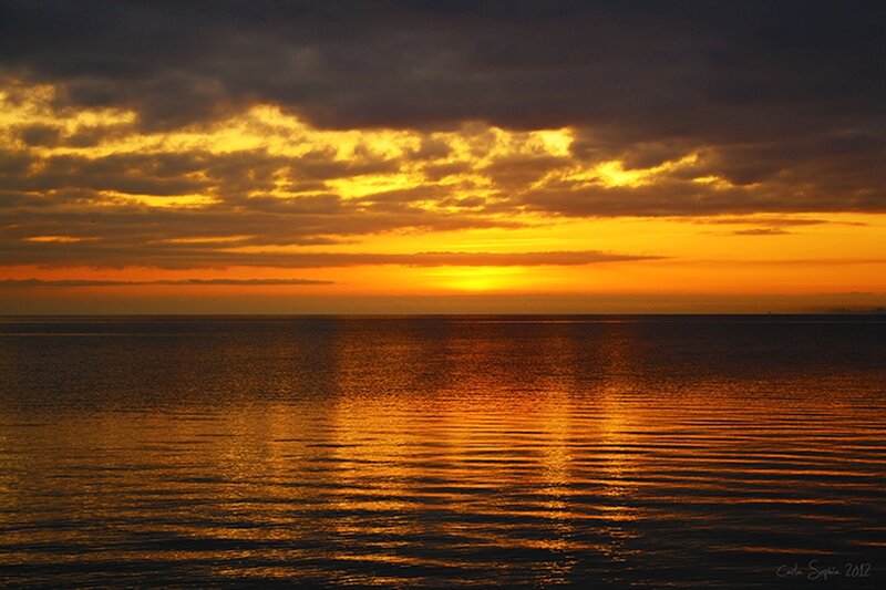 Sunset over Ocean — Orange, Dramatic, Photograph, Clouds, Sky, Water