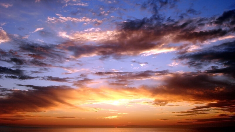 Sunset over Ocean — Orange, Dramatic, Photograph, Clouds, Sun, Blue, Purple