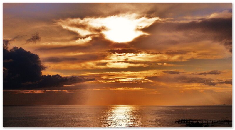 Sunset over Ocean — Orange, Dramatic, Photograph, Clouds, Sun, Pier