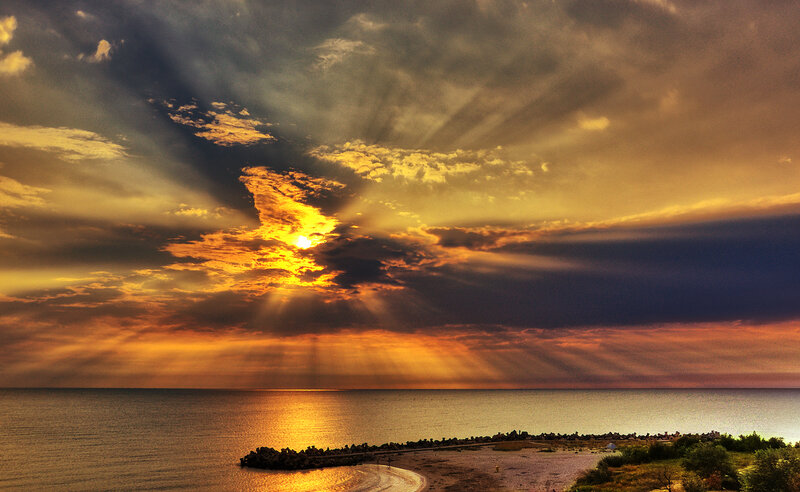 Sunset over Ocean — Orange, Dramatic, Photograph, Clouds, Sun, Sea, Beach