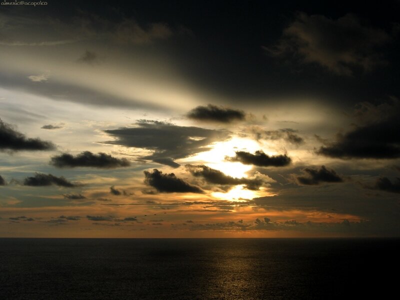 Sunset over Ocean — Orange, Dramatic, Photograph, Clouds, Sun, Sea, Black, Yellow