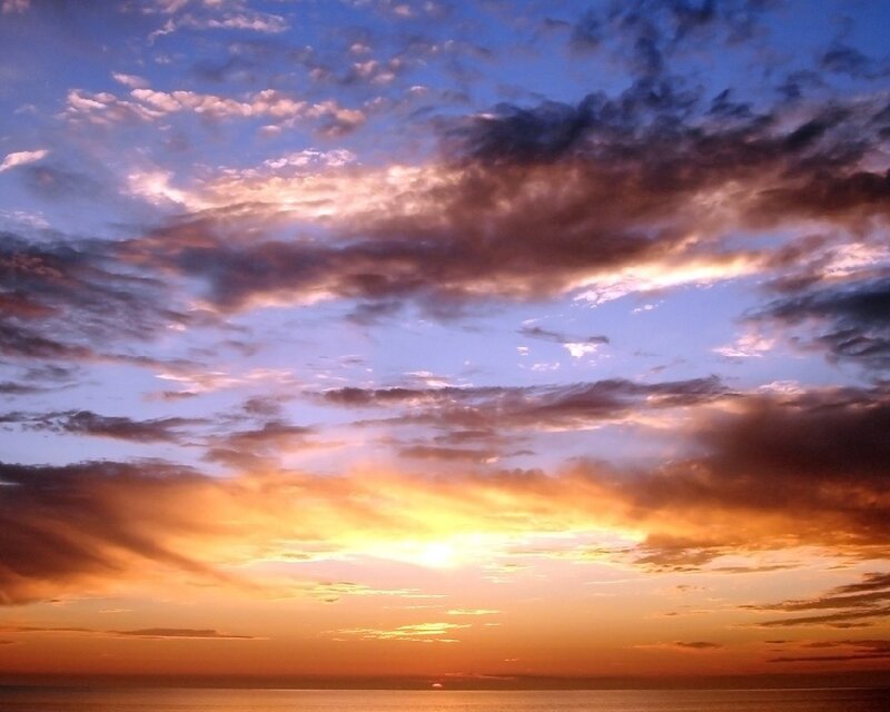 Sunset over Ocean — Orange, Dramatic, Photograph, Clouds, Sun, Sea, Blue, Purple