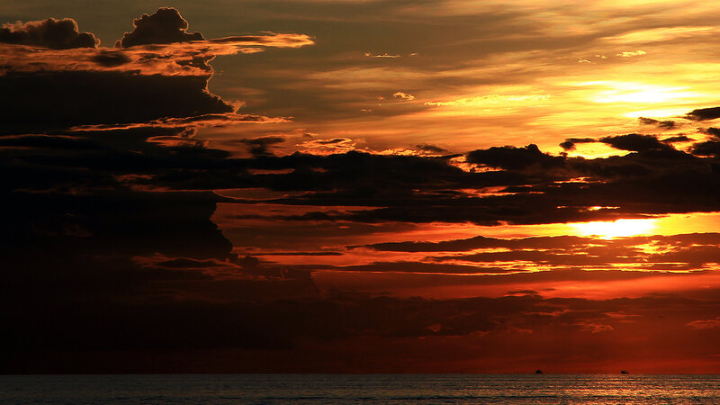 Sunset over Ocean — Orange, Dramatic, Photograph, Clouds, Sun, Sea, Boat