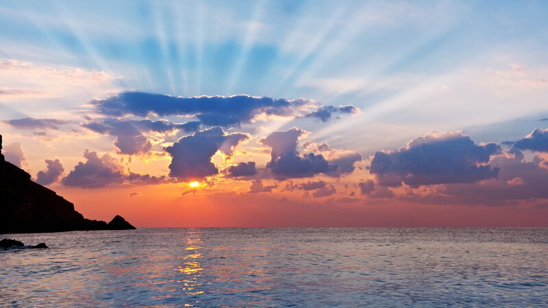 Sunset over Ocean — Orange, Dramatic, Photograph, Clouds, Sun, Sea, Cliff