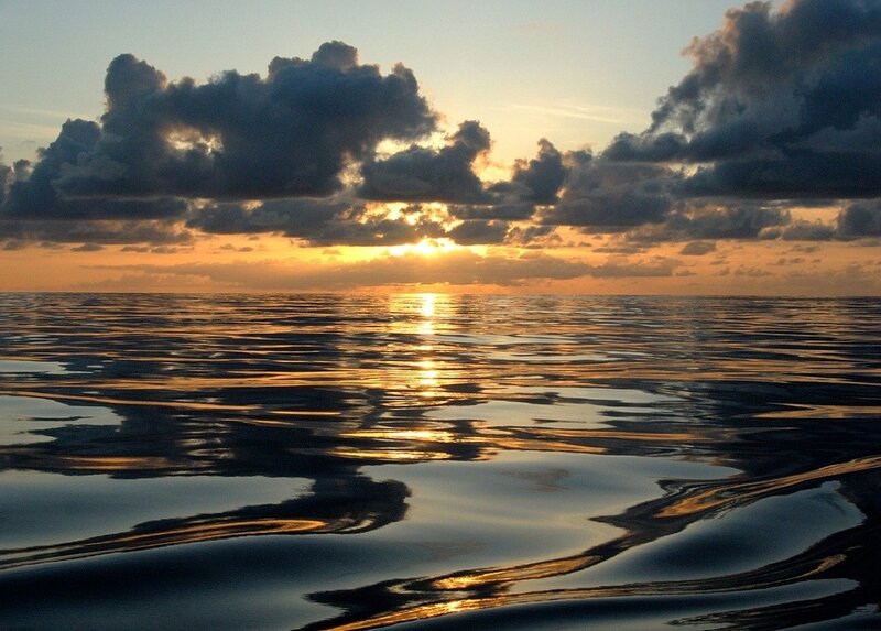 Sunset over Ocean — Orange, Dramatic, Photograph, Clouds, Sun, Water