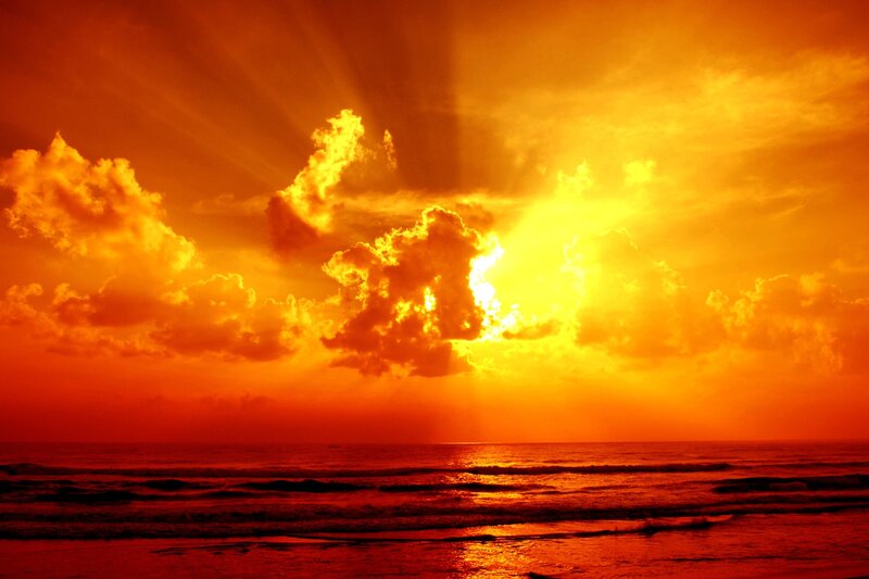 Sunset over Ocean — Orange, Dramatic, Photograph, Clouds, Sun, Waves, Yellow