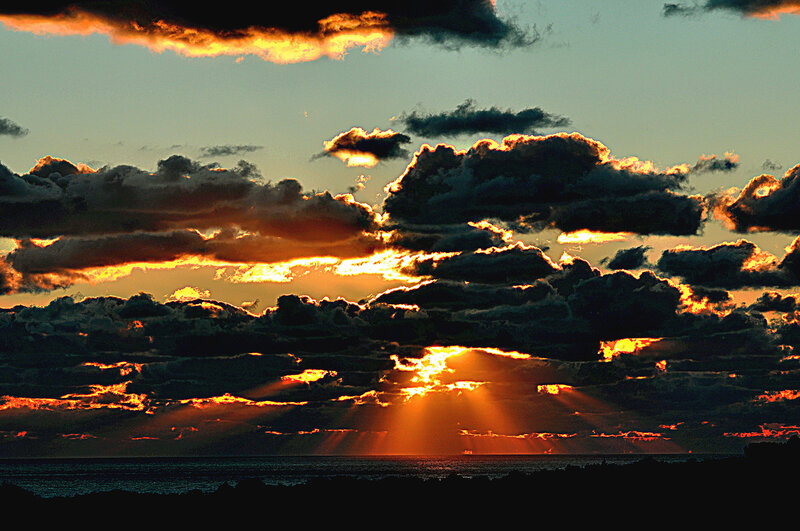 Sunset over Ocean — Orange, Dramatic, Photograph, Clouds, Sunbeams