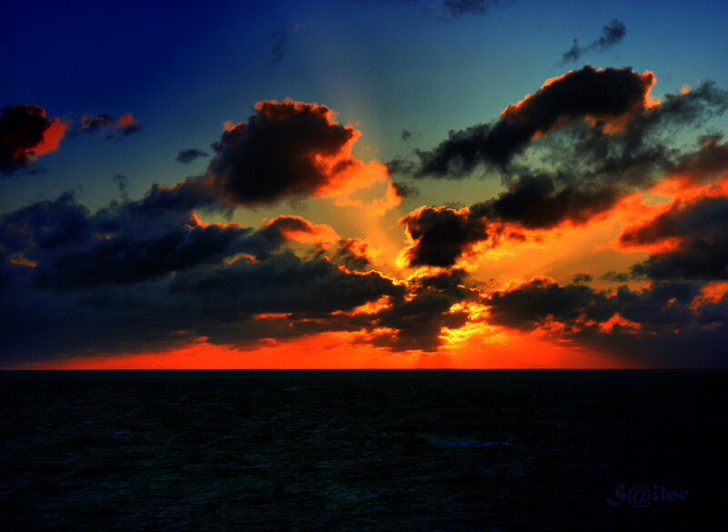 Sunset over Ocean — Orange, Dramatic, Photograph, Clouds, Sunlight