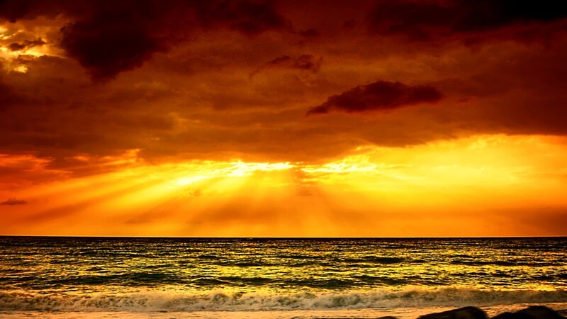 Sunset over Ocean — Orange, Dramatic, Photograph, Clouds, Sunlight, Waves