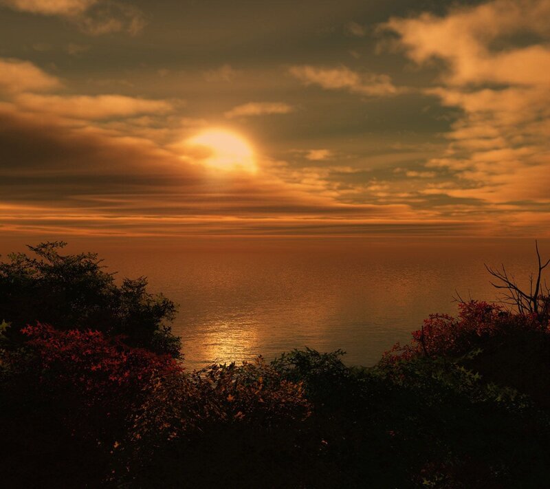 Sunset over Ocean — Orange, Dramatic, Photograph, Clouds, Trees, Sea