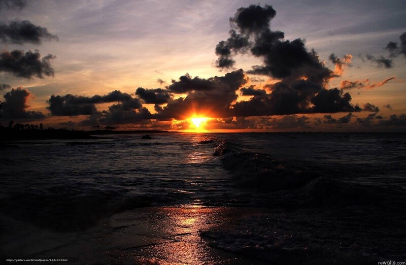 Sunset over Ocean — Orange, Dramatic, Photograph, Clouds, Waves, Horizon