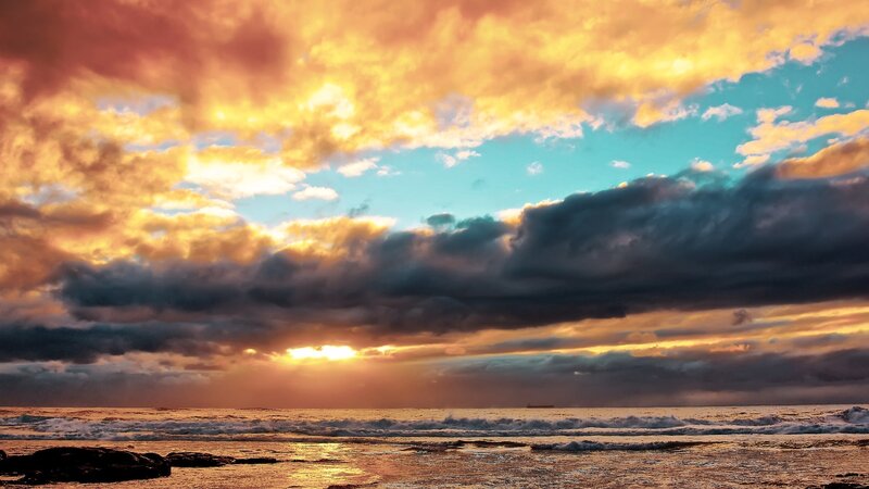 Sunset over Ocean — Orange, Dramatic, Photograph, Clouds, Waves, Ship