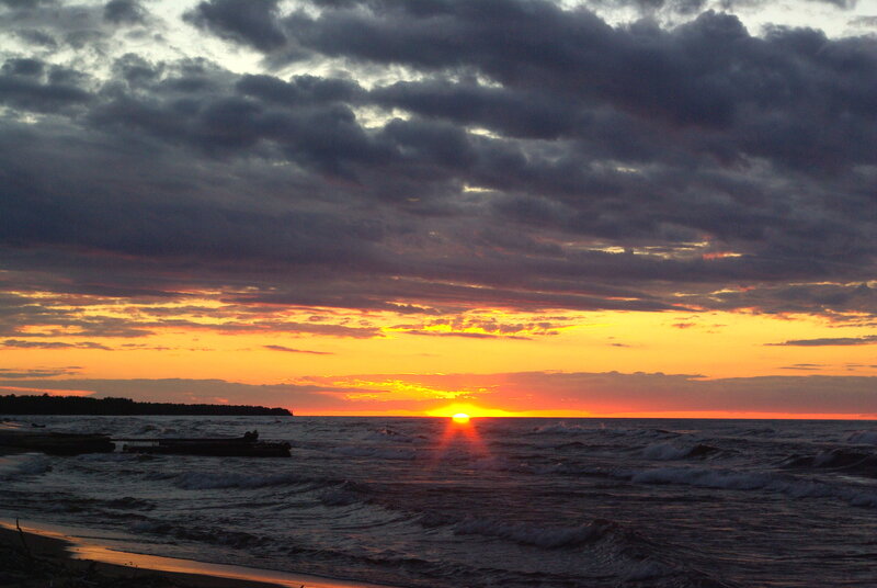 Sunset over Ocean — Orange, Dramatic, Photograph, Clouds, Waves, Shoreline