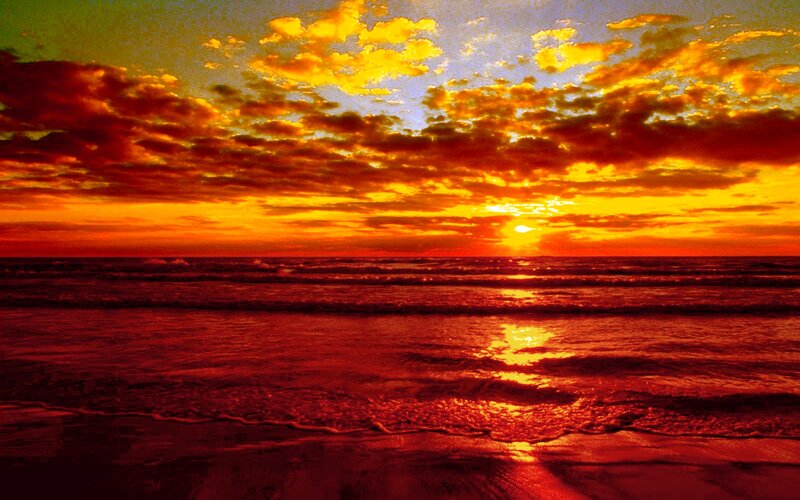 Sunset over Ocean — Orange, Dramatic, Photograph, Clouds, Waves, Sun