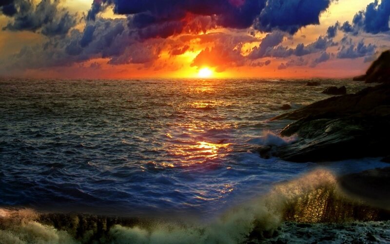 Sunset over Ocean — Orange, Dramatic, Photograph, Clouds, Waves