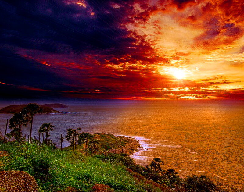 Sunset over Ocean — Orange, Dramatic, Photograph, Island
