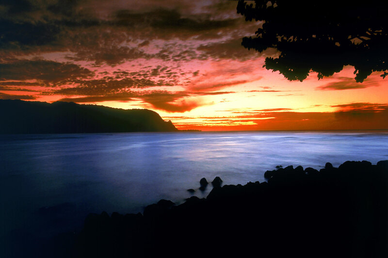 Sunset over Ocean — Orange, Dramatic, Photograph, Mountain, Clouds, Rocks