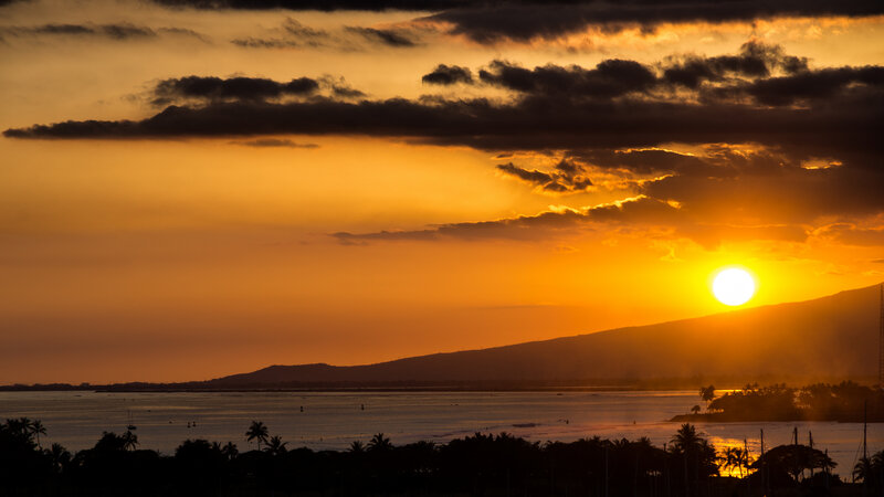 Sunset over Ocean — Orange, Dramatic, Photograph, Mountain, Palm Trees