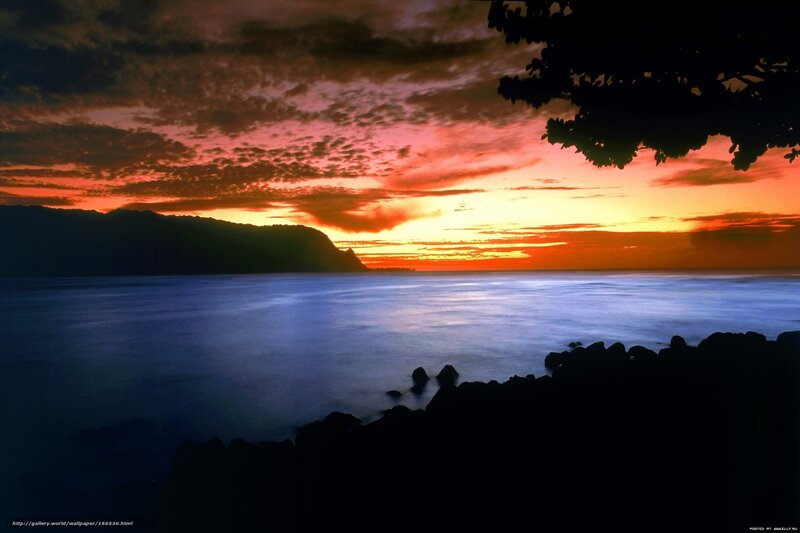 Sunset over Ocean — Orange, Dramatic, Photograph, Mountain, Rocks