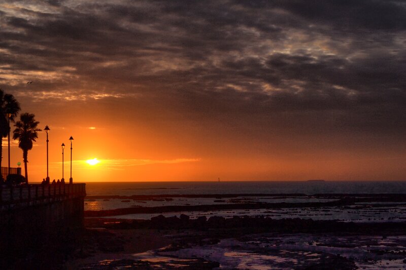 Sunset over Ocean — Orange, Dramatic, Photograph, Palm Trees, Lampposts