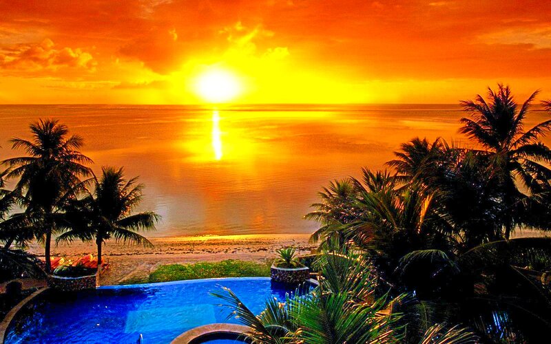 Sunset over Ocean — Orange, Dramatic, Photograph, Palm Trees, Pool